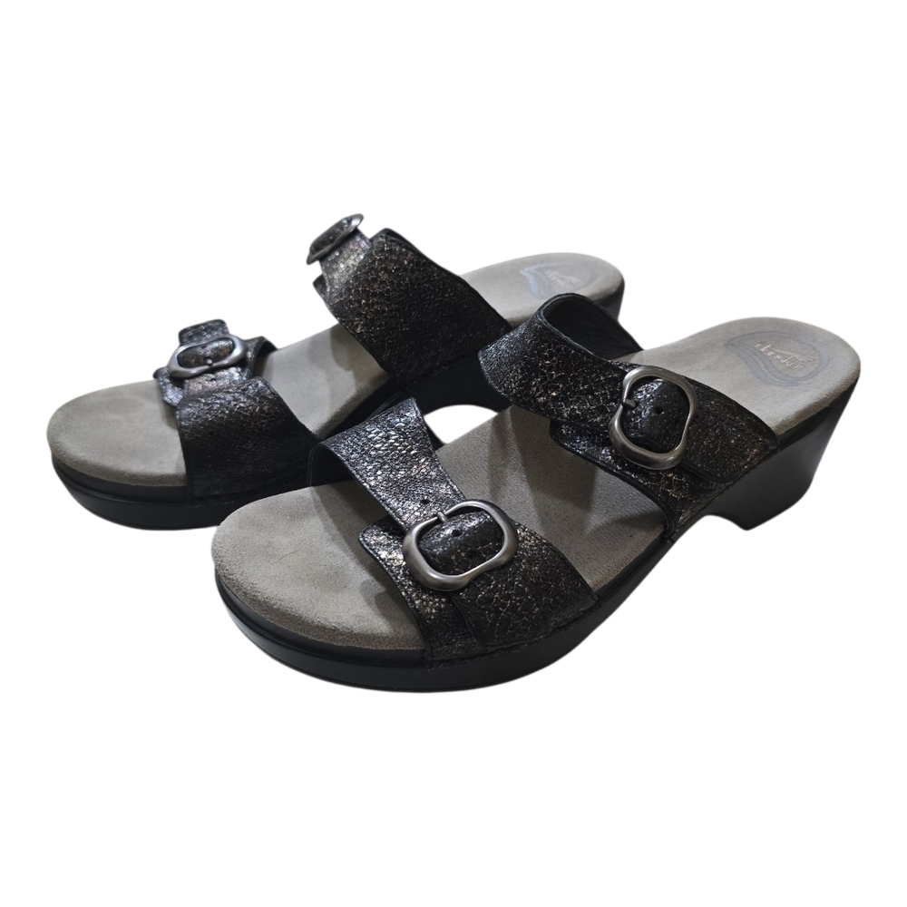 Dansko Sophie Black Glitter Leather Two Strap Platform Sandals 40 10-10.5